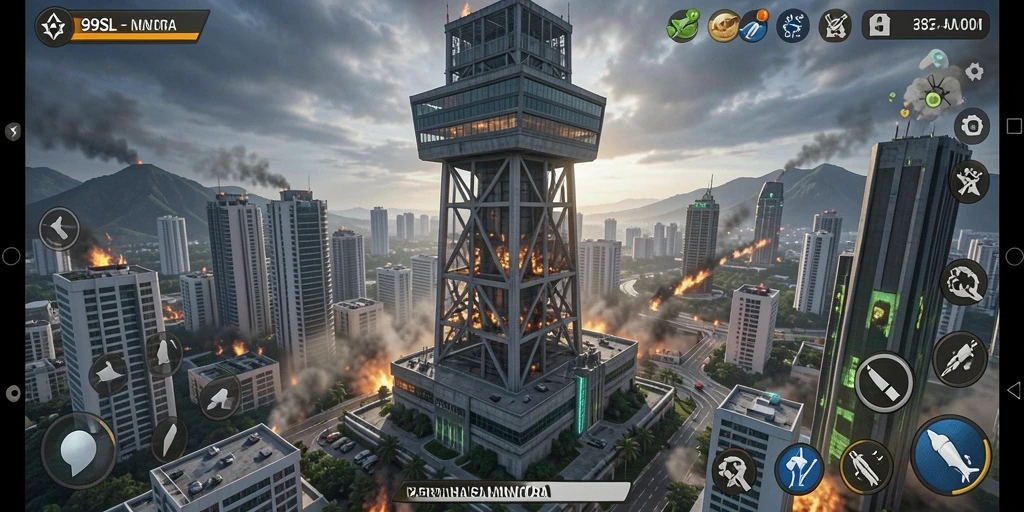 Tangkapan layar gameplay menampilkan menara bertahan di medan pertempuran.