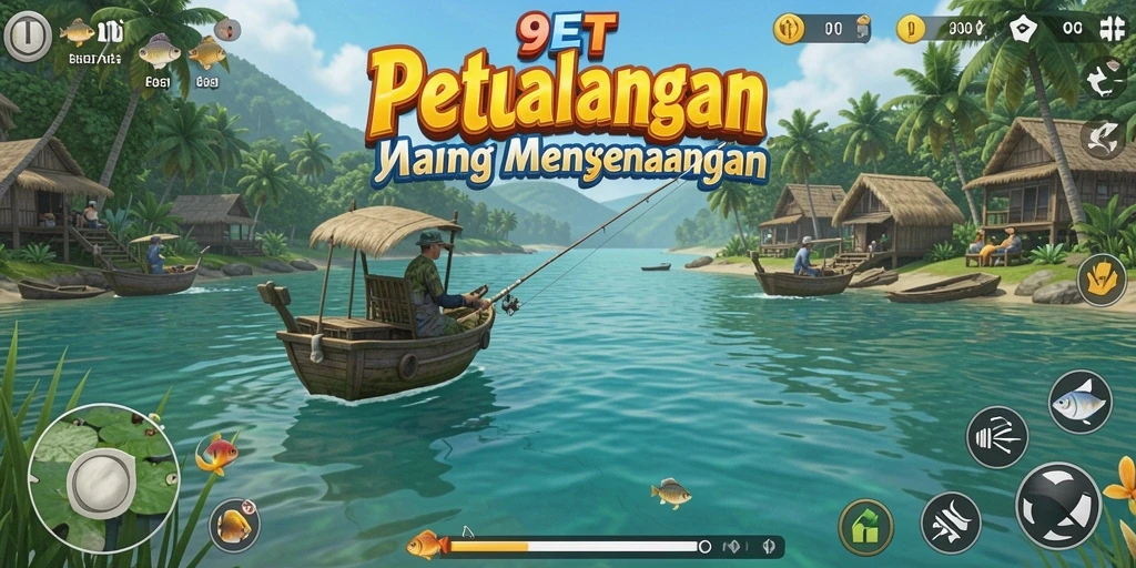 Screenshot menunjukkan pemain sedang menangkap ikan besar di danau.