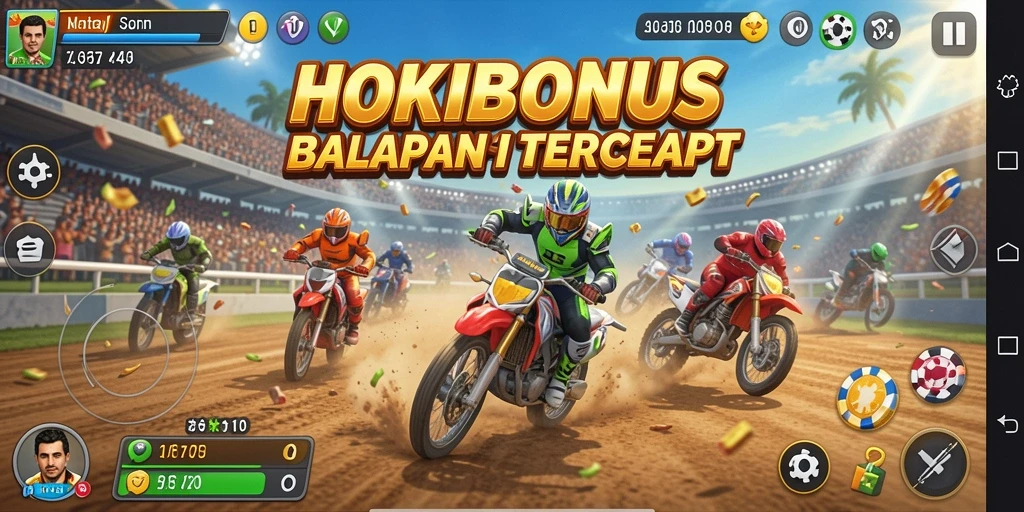 Screenshot gameplay HOKIBONUS yang epik dengan mobil balap melaju kencang.