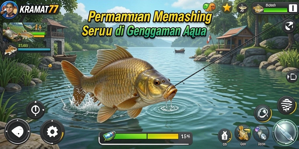 Screenshot gameplay KRAMAT77 menampilkan suasana tenang saat memancing.