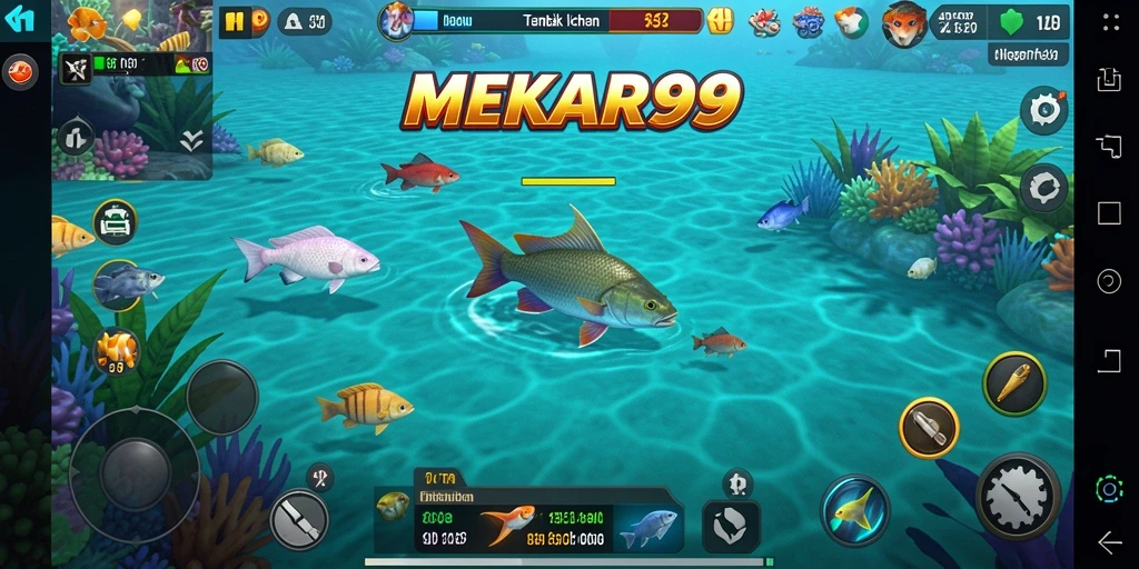 Tampilan gameplay seru dari MEKAR99 dengan berbagai jenis ikan untuk ditangkap.