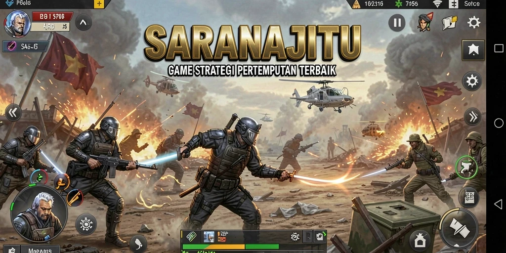 Tangkap layar SARANAJITU menampilkan aksi pertempuran yang intens dan strategi bertarung.
