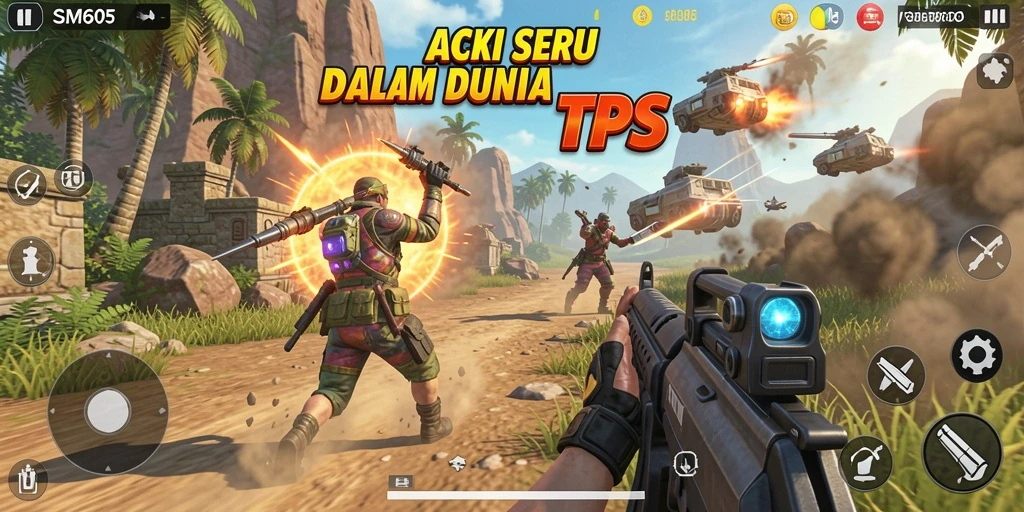 Screenshot gameplay SM605 menampilkan pertempuran seru dalam TPS.